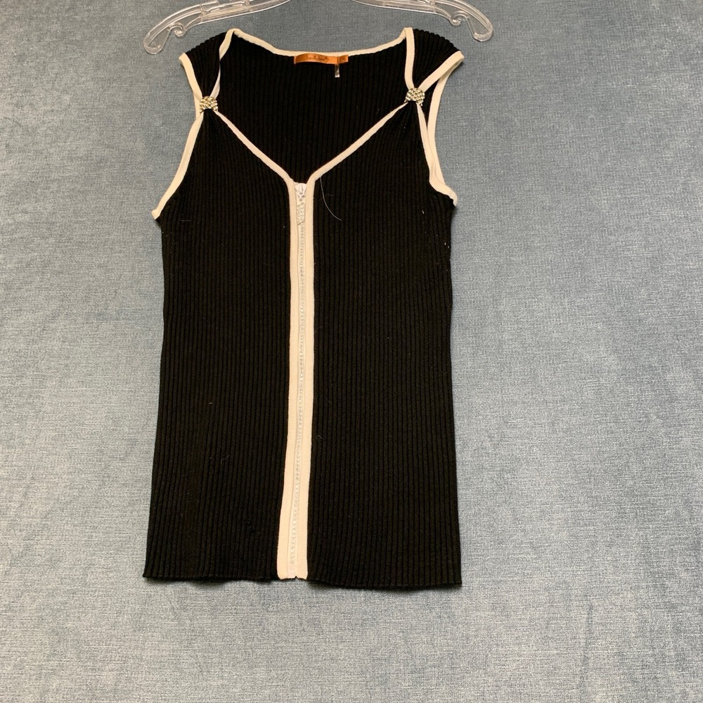 Belldini Knit Top Womens XL Black White Ribbed Sleeveless Outdoor Zip Front